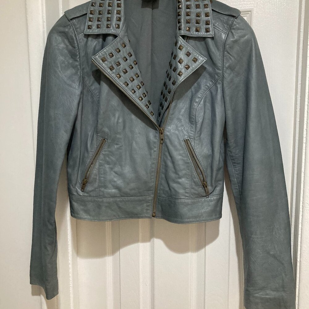 Women's Trouve Blue/Green Leather Studded Collar Leather Jacket